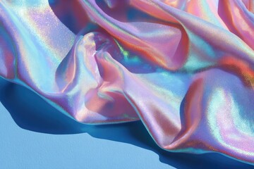 Soft, iridescent fabric draped on a blue surface