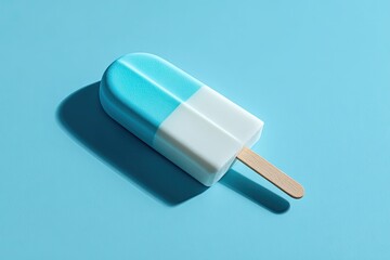 A vibrant popsicle, light blue and white, sits on a light teal surface