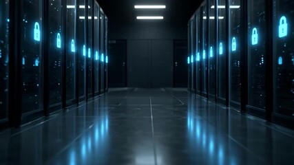 Cyber Fortress: A dramatic, low-angle shot of a server room hallway illuminated by glowing digital lock icons and neon lights, evoking an atmosphere of security and advanced technology. - Powered by Adobe