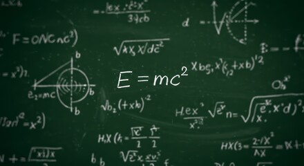Blackboard filled with physics equations including E=mc², Schrödinger’s equation, and Feynman diagrams in stylish layout, symbol of theoretical physics, quantum mechanics, and scientific research
