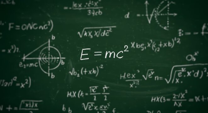 Blackboard filled with physics equations including E=mc&sup2;, Schr&ouml;dinger&rsquo;s equation, and Feynman diagrams in stylish layout, symbol of theoretical physics, quantum mechanics, and scientific research