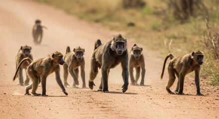 Group of baboons walking on dusty path
