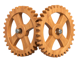 Two wooden gears interlock