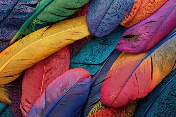 Vibrant multicolored feathers in a textured arrangement