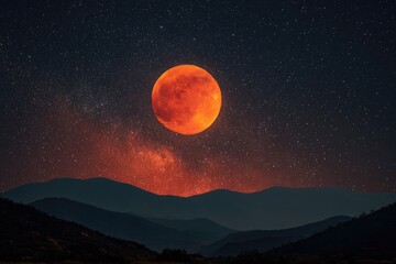 Night sky with a blood moon over mountains