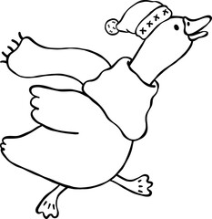 Autumn Silly Goose Wearing Hat and Scarf Cartoon Outline Hand Drawn Black and white