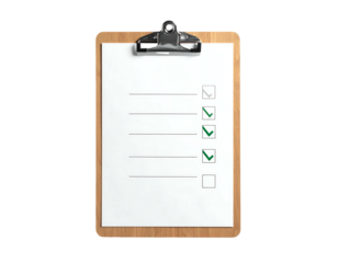 Wooden clipboard with checklist and checkmarks