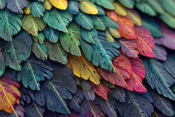 Close-up view of colorful, overlapping feathers