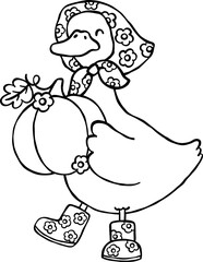 Autumn Silly Goose Holding Pumpkins with Fall Leaves Cartoon Outline Hand Drawn Black and white