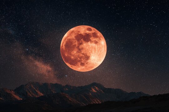 A vibrant red moon rises above a mountain range under a starry sky