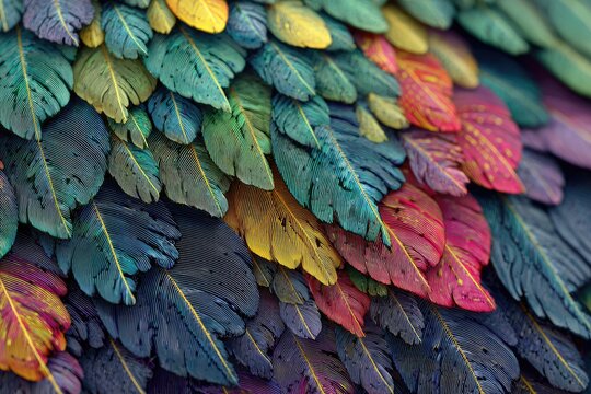 Close-up view of colorful, overlapping feathers