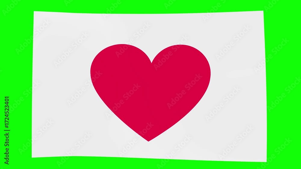 Poster animated design of a white flag with a red heart waving in the wind on a green background