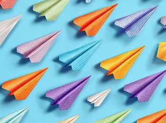 Colorful paper airplanes arranged in a pattern on a light blue background