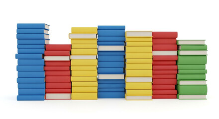 Obraz premium Stack of colorful books isolated on white background, showcasing a vibrant collection of knowledge and literature in an organized and visually appealing arrangement