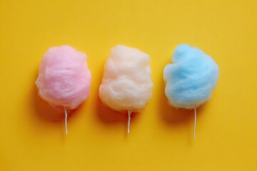 Three colorful cotton candy on sticks against a bright yellow background