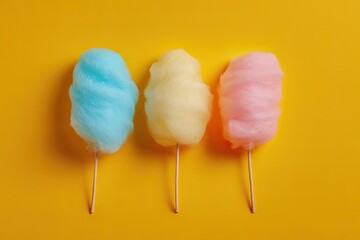 Three colorful cotton candy swirls on sticks against a bright yellow background