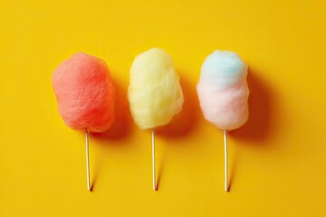 Three colorful cotton candy swirls on sticks against a bright yellow background (1)