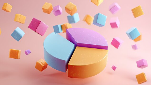 Pastel-colored pie chart with floating cubes