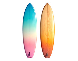 Two colorful surfboards, one teal-pink gradient, the other a golden-orange gradient, facing outward