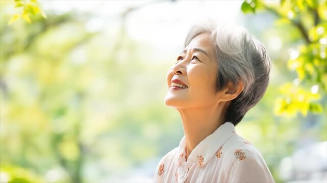 空を見上げる笑顔の日本人のシニア女性の動画