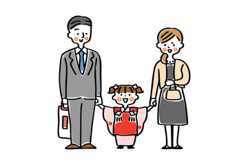 七五三の記念撮影をする親子の全身イラスト