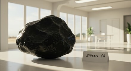 Silicon element sample placed on table surface, crystalline solid used in electronics, semiconductors, computer chips, chemistry experiments, and material science research in laboratory setting