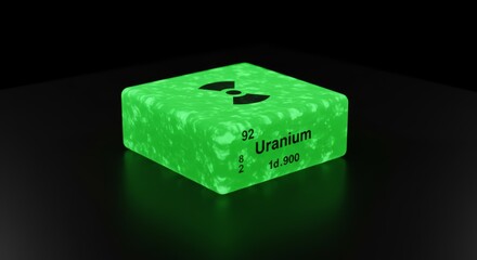 Glowing green uranium sample on table under laboratory light, radioactive element used in nuclear physics, chemistry research, energy studies, and atomic science experiment with radiation effect