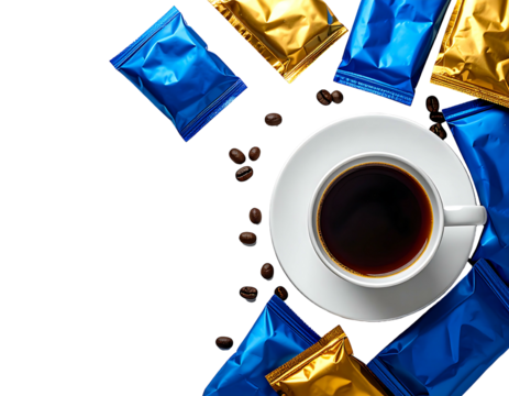 Coffee cup and packets scattered on black background