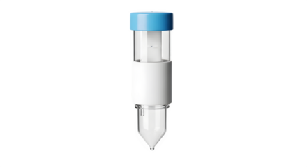 A clear glass vial with a blue cap isolated on transparent background, used in scientific research and medical testing for storing liquids