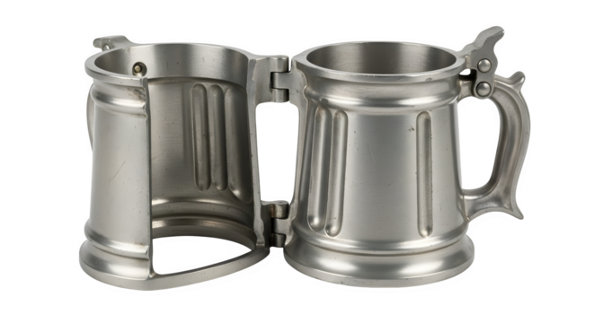 A pair of pewter beer stein, a traditional german beer mug, often ornate and with a hinged lid, isolated on transparent background