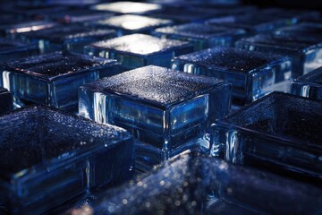 Close-up of many dark blue square glass blocks