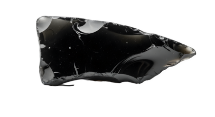 A piece of black obsidian stone, a naturally occurring volcanic glass formed as an extrusive igneous rock, isolated on transparent background
