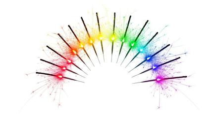 Obraz premium Rainbow sparklers arranged in a semicircle isolated on white background, creating a vibrant and festive display of light and color, perfect for celebrations