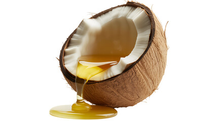 Fresh coconut halved revealing rich golden oil dripping and pooling illustration