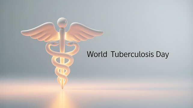 World Tuberculosis Day symbol featuring a caduceus with wings and intertwined snakes on a soft gradient background