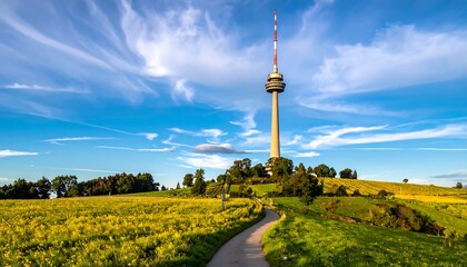 Obraz premium Panoramic view of a tall tower atop a hill, surrounded by fields of yellow flowers and greenery, under a partly cloudy blue sky