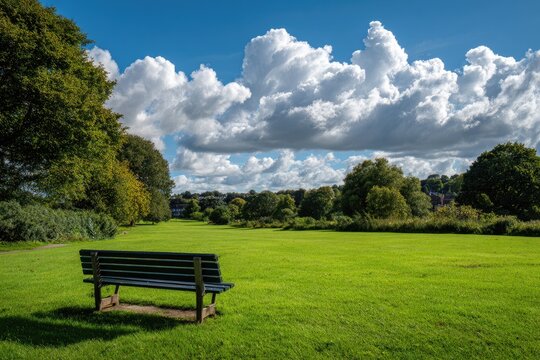 Park bench in a lush green field under a partly cloudy sky