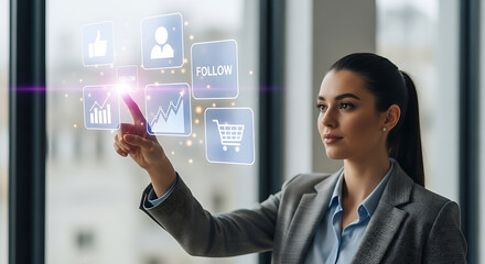 Businesswoman Using Futuristic Social Media Marketing Dashboard