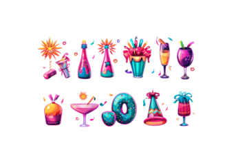 set of New Year icons with fireworks, champagne, party hat, conf