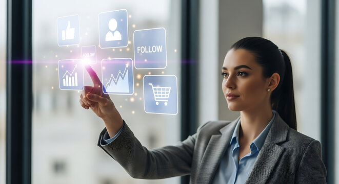 Businesswoman Using Futuristic Social Media Marketing Dashboard