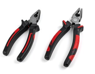 Obraz premium Two pairs of pliers, black handles with red accents, on a white background