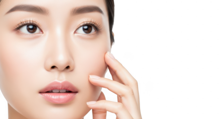 A closeup of an asian womans face with clear, glowing skin and delicate makeup touches her cheek isolated on transparent background