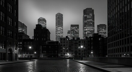 Moody monochrome cityscape with wet cobblestone street and illuminated skyscrapers
