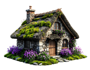 Rustic stone cottage, mossy roof, vibrant flowers