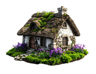 Miniature thatched-roof cottage, stone walls, lush greenery, vibrant flowers