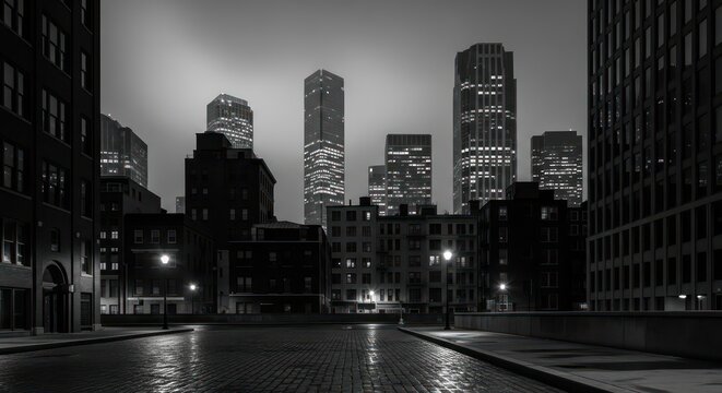 Moody monochrome cityscape with wet cobblestone street and illuminated skyscrapers - Powered by Adobe