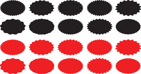 starburst, shape, circle, round, jagged, edge, design element, graphic, icon, symbol, decoration, pattern, black, red, white background, collection, set, isolated, graphic design, abstract, geometric,