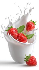 Strawberries Falling Into a White Bowl with Splashing Milk, Delicious and Fresh