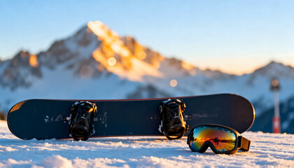 Snowboard and goggles on snowy slope with mountain peaks at sunrise, symbolizing adventure, winter sports lifestyle, adrenaline, freedom, and connection with nature through snowboarding.