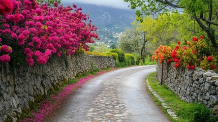 Winding road through a flowered valley